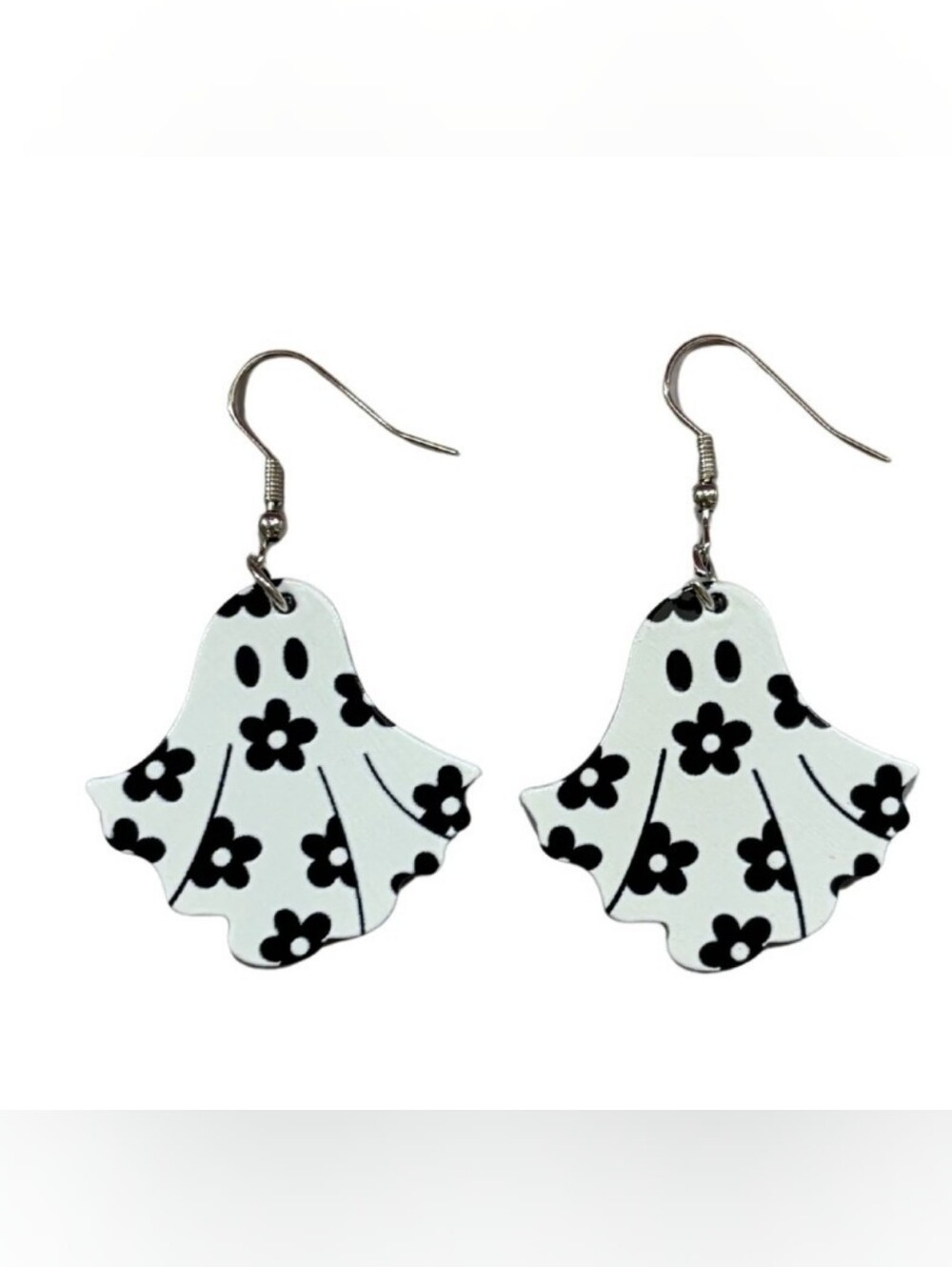 Ghost Dangle Halloween Earrings - Black and White Floral